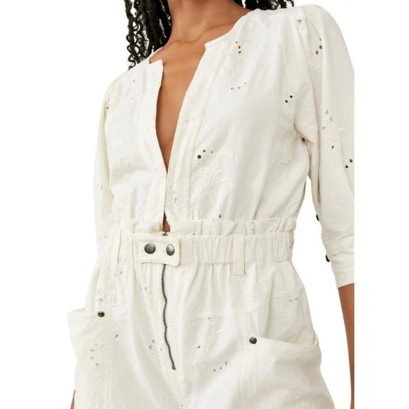 Free People Loving You Jumpsuit 26" / Medium / Ivory Floral Eyelet Embroidered - Picture 4 of 9